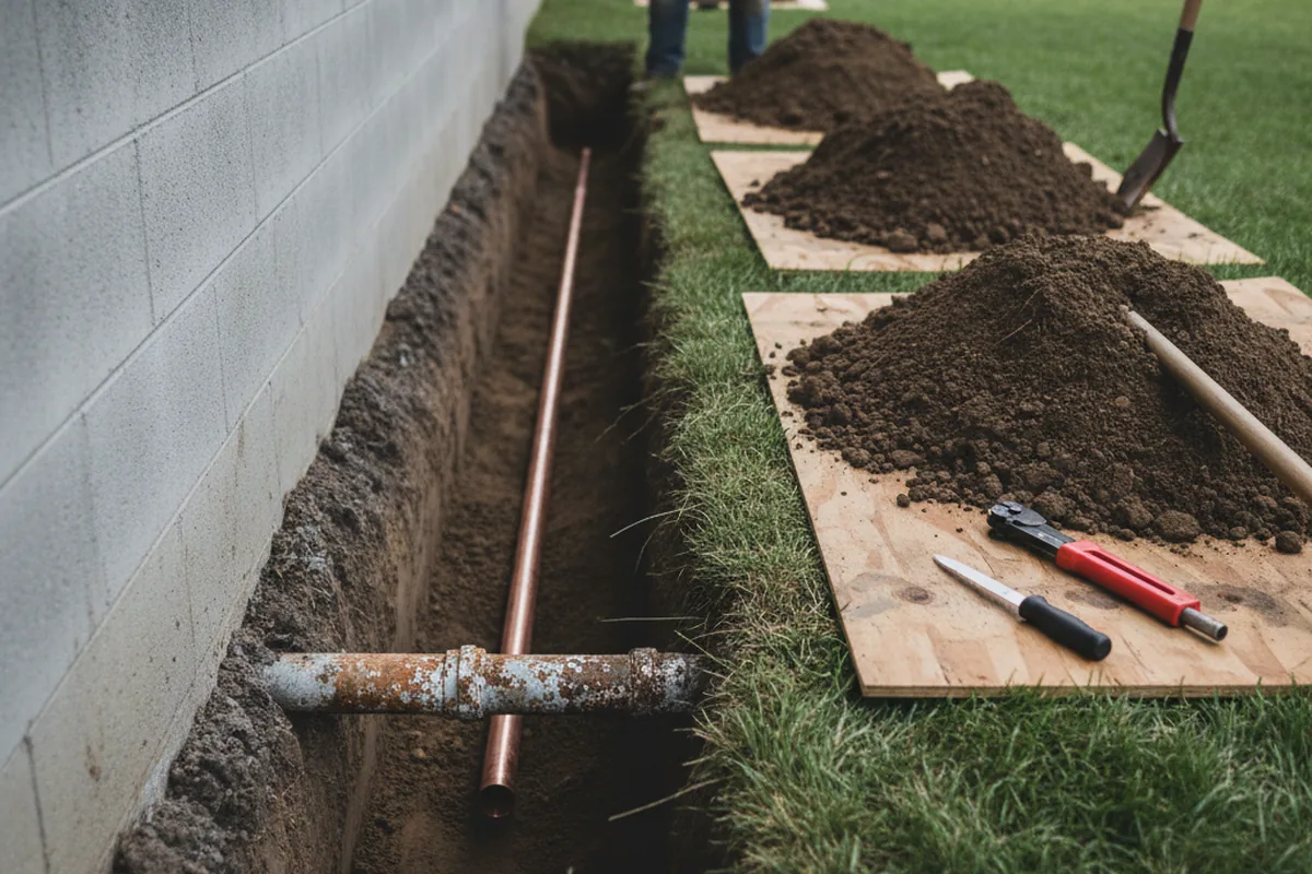 Excavated water line trench during Sewer Line Repair in Dayton
